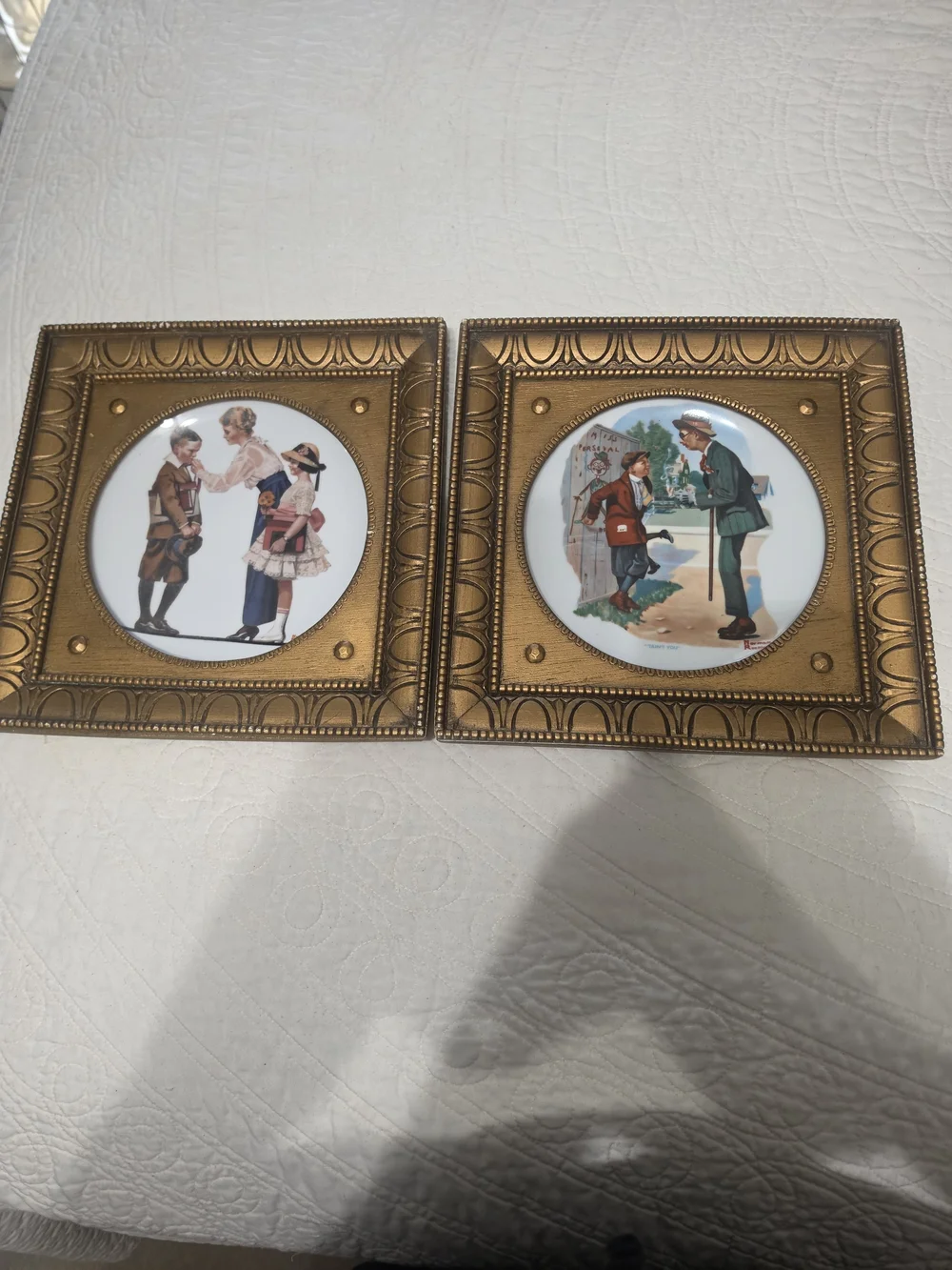 Norman Rockwell Vintage Plates Framed With Gold Plate Holders